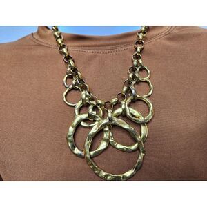 Chunky Hammered Gold Tone Statement Necklace 16” Chain with 2.5” Ring Pendant